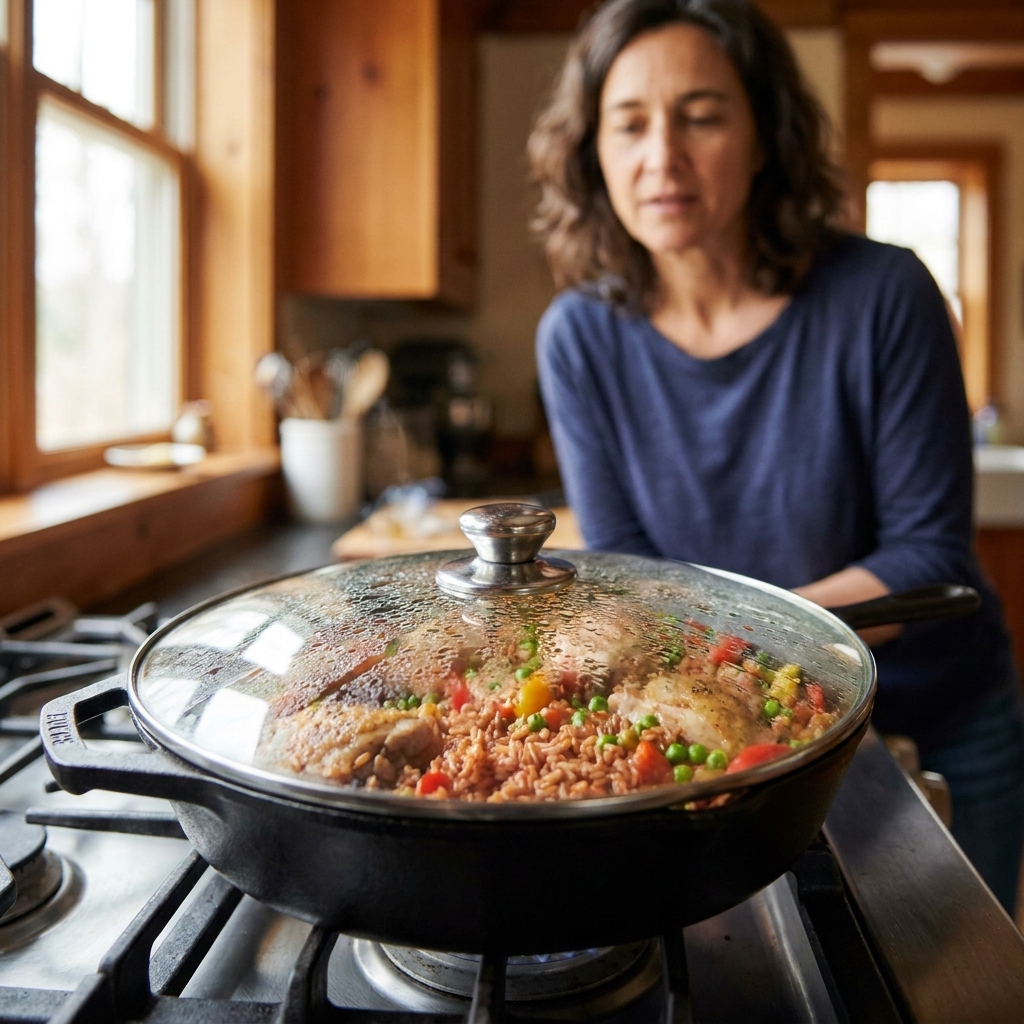 A lidded skillet on the stove with arroz con pollo simmering, steam fogging the glass lid and hints of chicken and red rice visible underneath