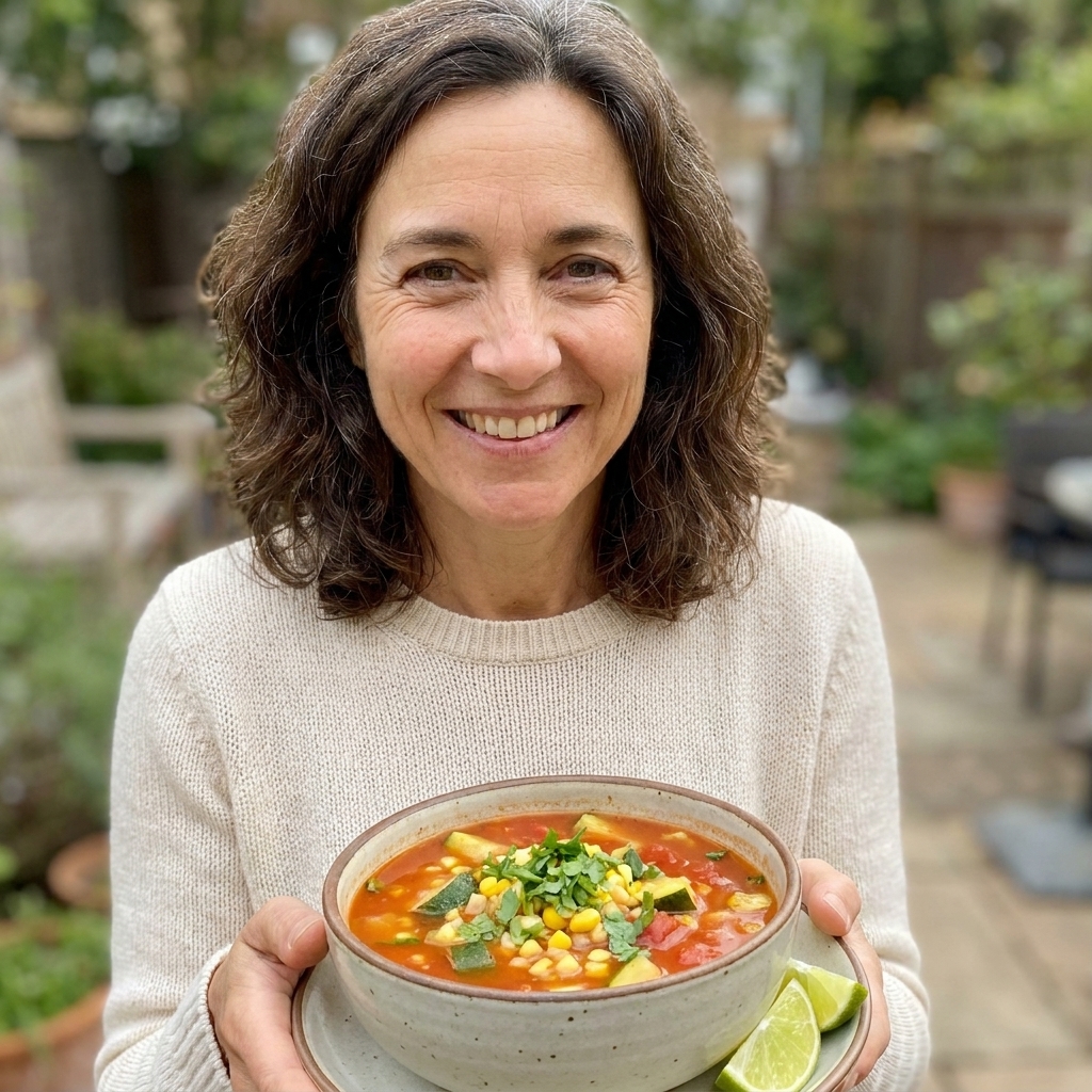 A light Mexican zucchini and corn soup with tomato broth, topped with chopped cilantro and served with lime wedges