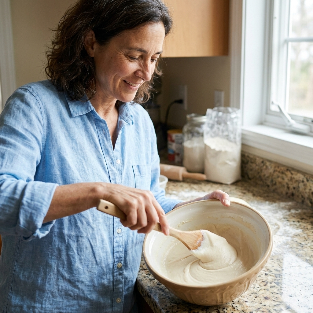 A mixing bowl with pale concha topping paste being stirred with a spatula until smooth and spreadable on a kitchen counter