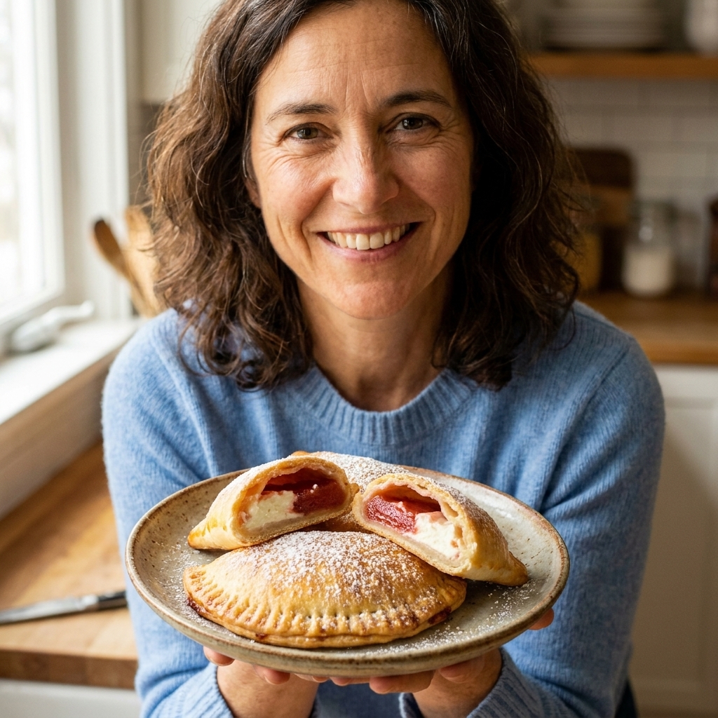 A plate of baked sweet empanadas with one cut open showing a pink guava filling and creamy white cream cheese center
