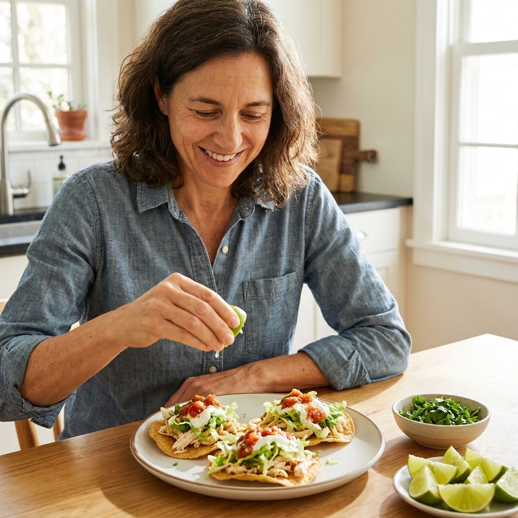 A plate of crisp tostadas next to lime wedges and a small bowl of chopped cilantro on a kitchen table