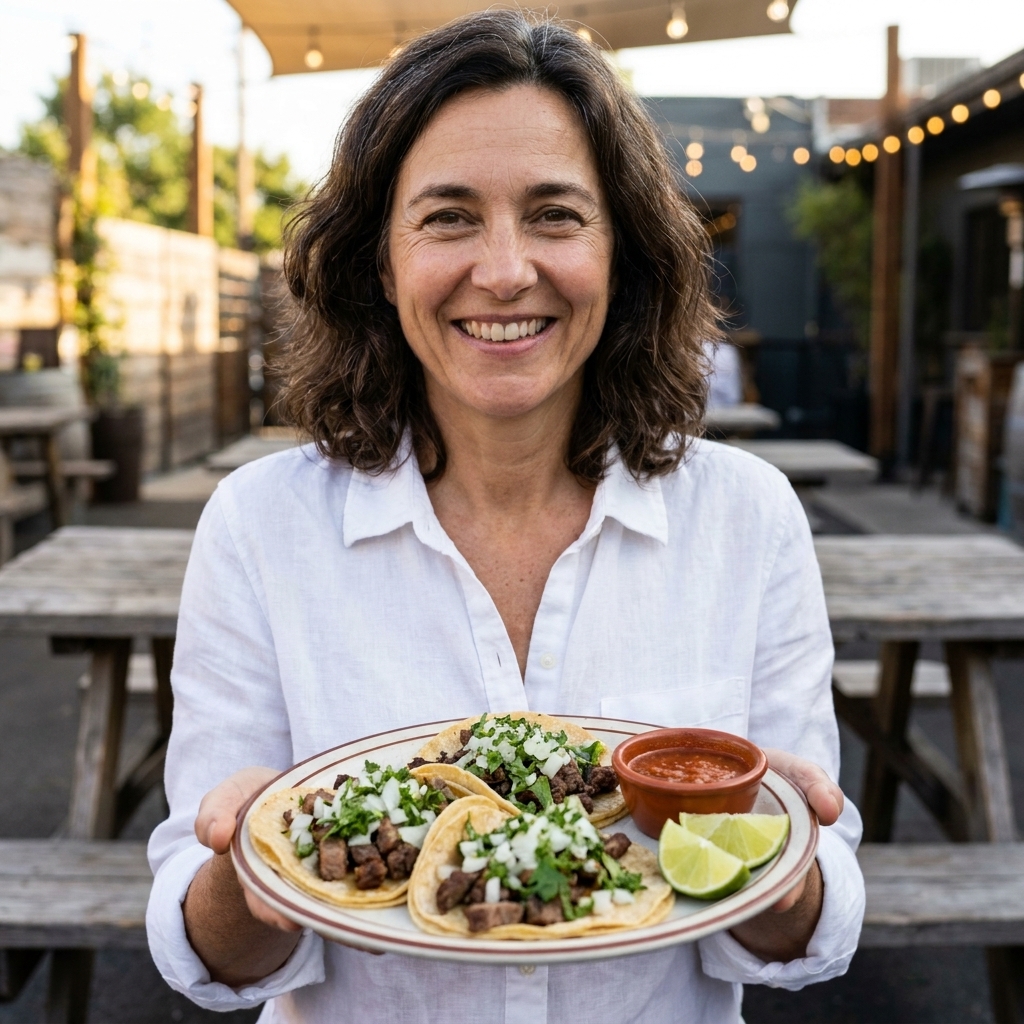 A plate of street-style carne asada tacos on warm corn tortillas topped with chopped onion and cilantro, with lime wedges and a small bowl of salsa on the side