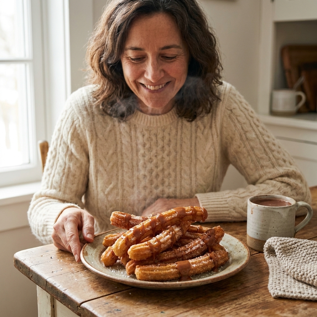 A plate of warm churros with cajeta drizzled over the top, sugar crystals visible, photographed on a cozy kitchen table