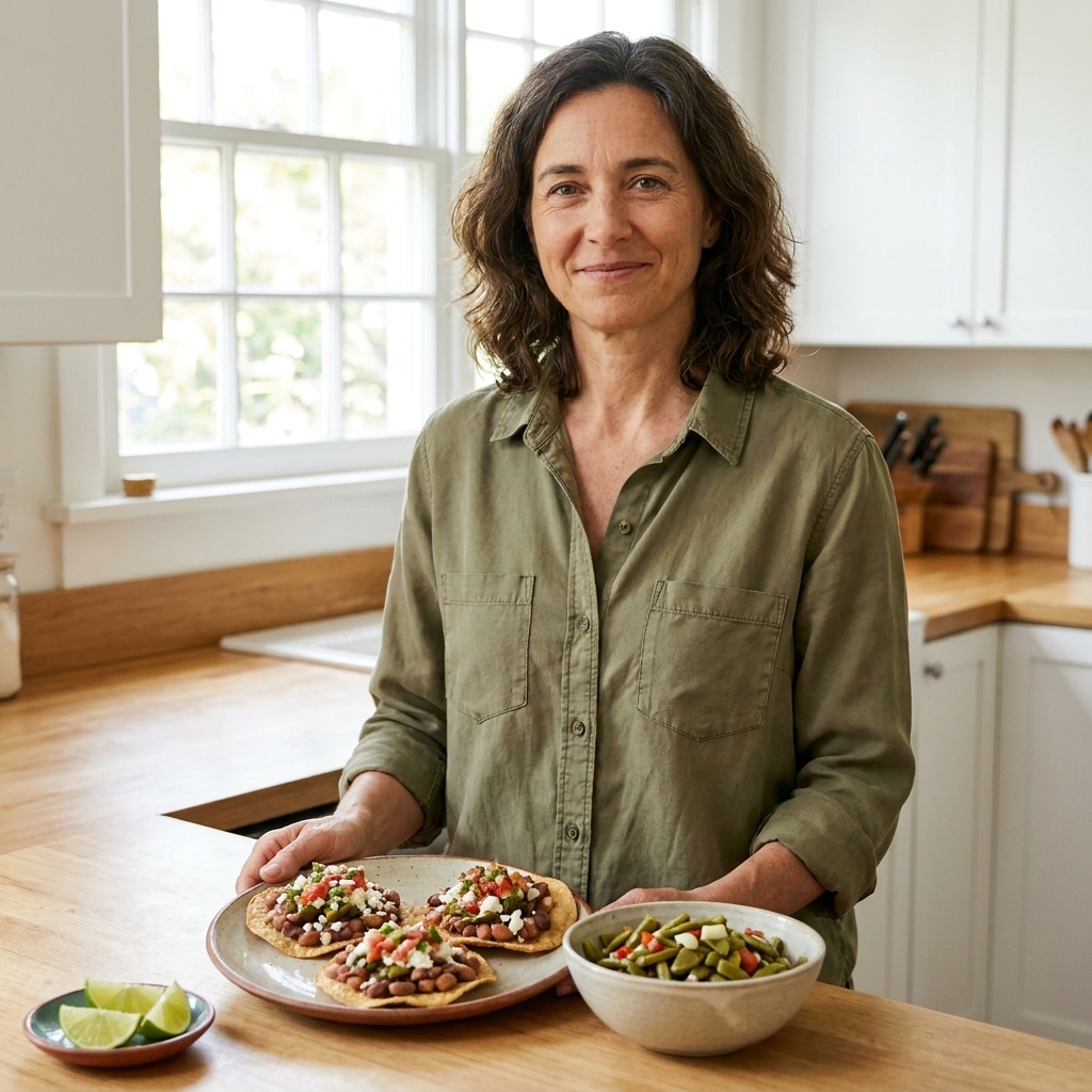 A plate with crispy tostadas served next to a bowl of ensalada de nopales, with lime wedges on the side in a bright kitchen setting