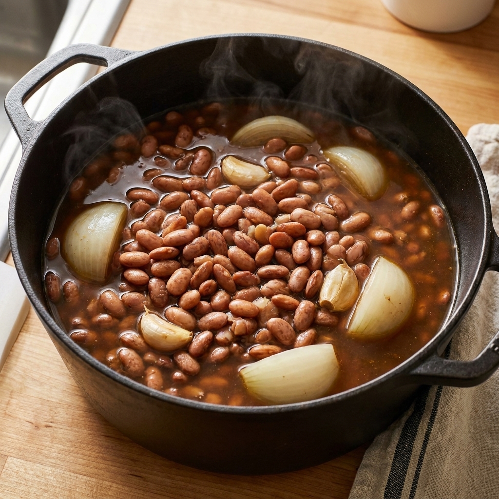A pot of cooked pinto beans with onion and garlic visible in the broth, steam rising from the surface