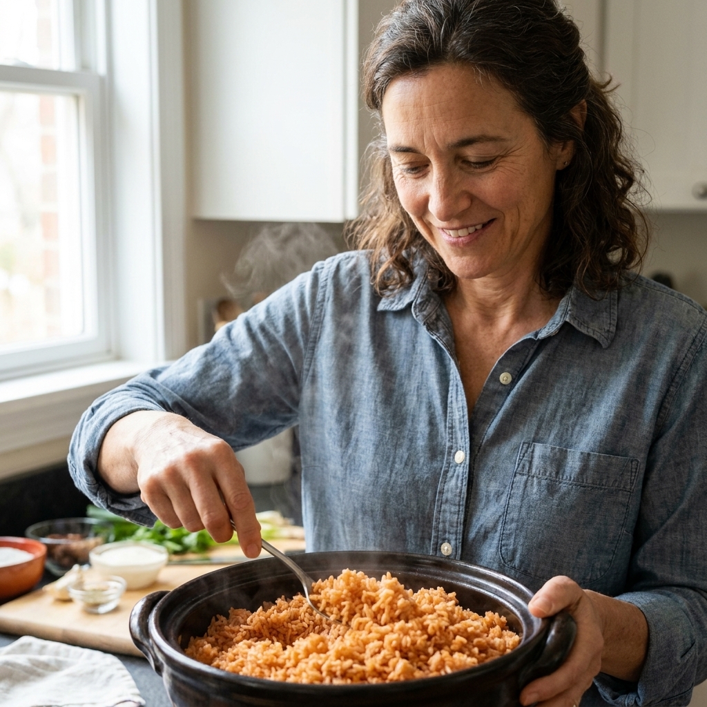 A pot of fluffy Mexican red rice being gently fluffed with a fork, with distinct separate grains and a warm red-orange color