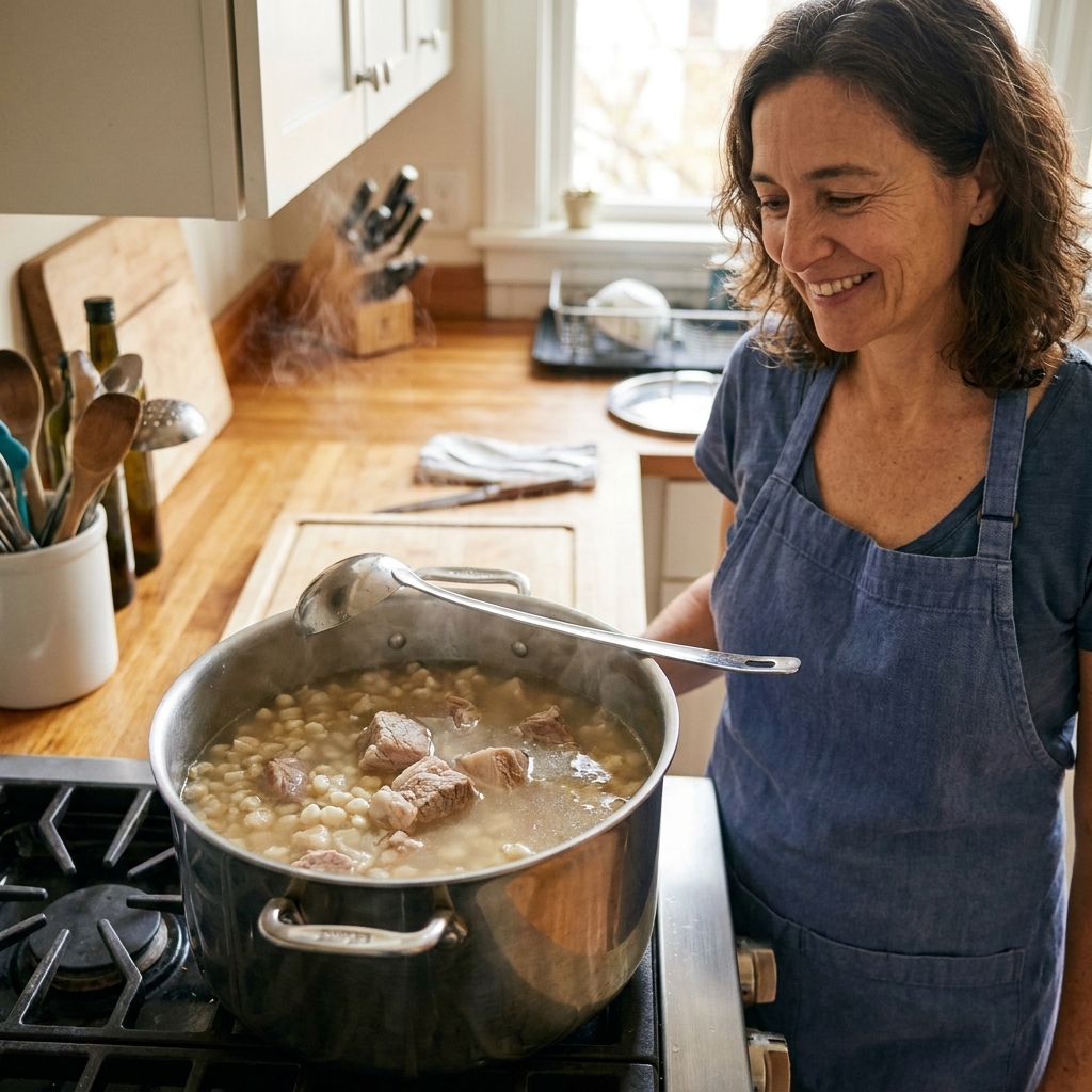 A pot of pozole blanco with hominy and chunks of pork simmering in a clear broth on a stove, with a ladle resting on the rim