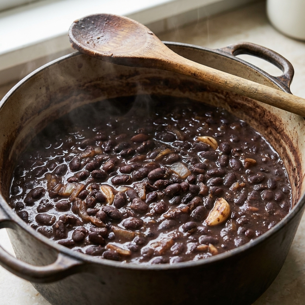 A pot of thick, seasoned black beans simmering with onion and garlic, with a wooden spoon resting on the rim