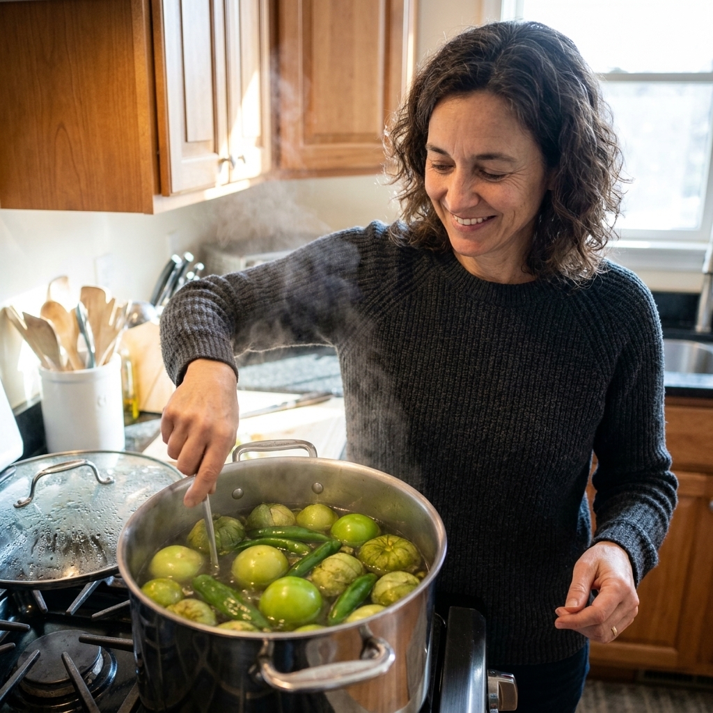 A pot on the stove with tomatillos and green chiles simmering in water, steam rising in a home kitchen