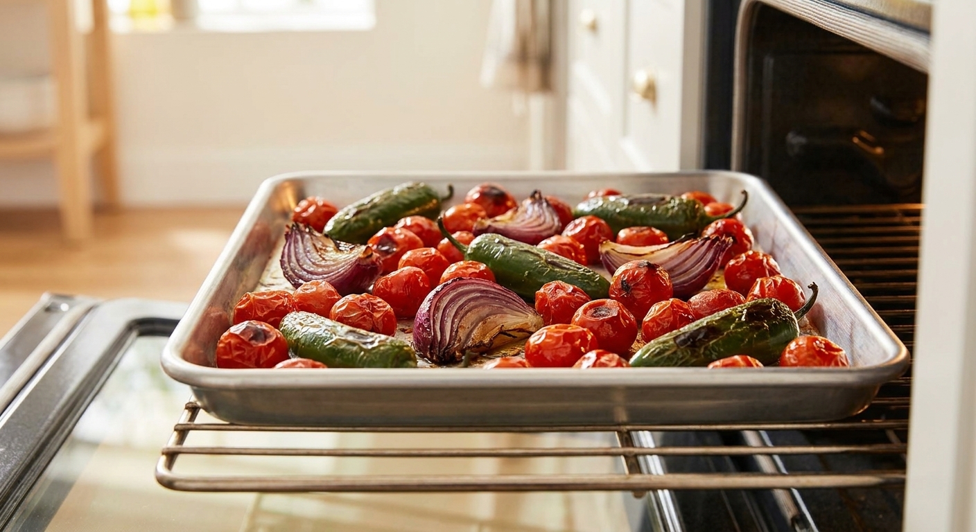 A rimmed sheet pan of broiled tomatoes, onion wedges, and jalapeños with blistered skins and browned edges, sitting on an open oven rack