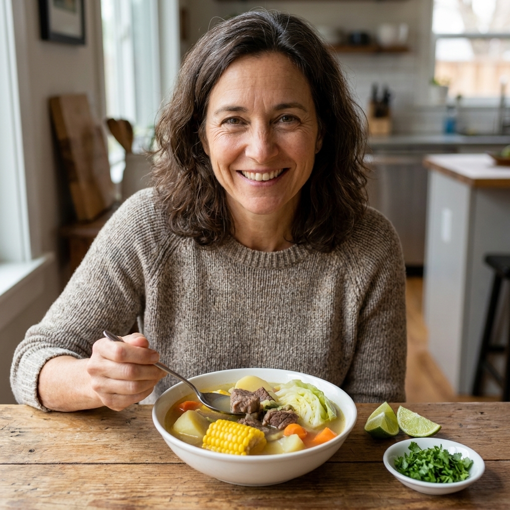 A rustic bowl of caldo de res with tender beef, corn on the cob rounds, potatoes, carrots, and cabbage in a rich clear broth, served with lime and cilantro