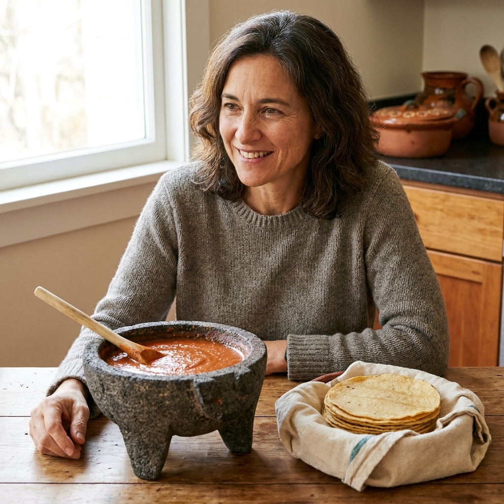 A rustic molcajete filled with smooth salsa roja, with a spoon resting inside and warm tortillas nearby on a kitchen table