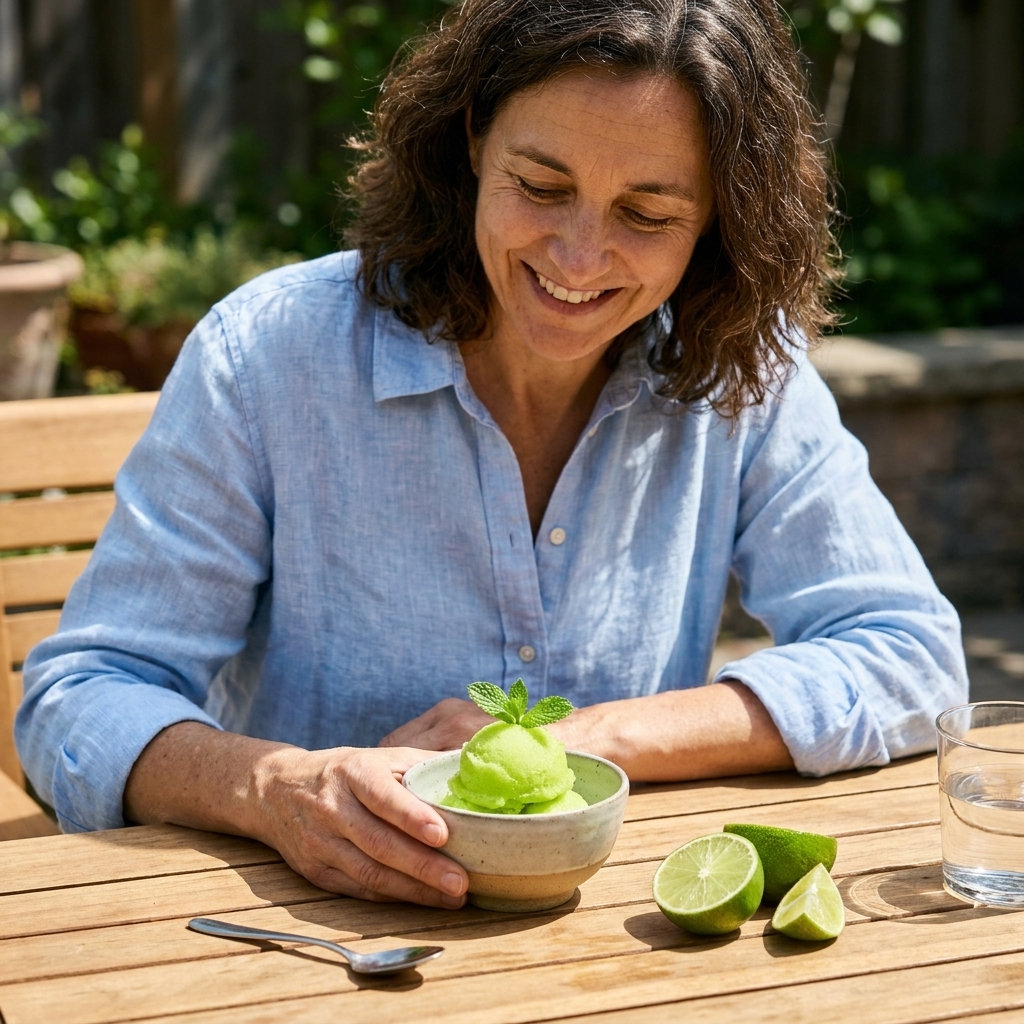 A scoop of bright lime nieve in a small bowl with fresh lime wedges beside it on a sunny table