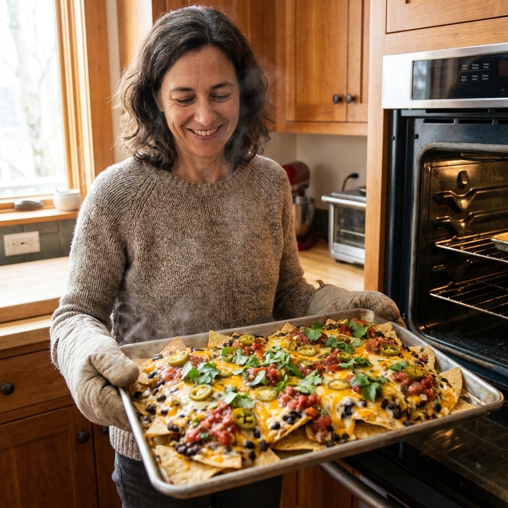 A sheet pan of nachos with melted cheese, beans, salsa, jalapeño slices, and cilantro fresh out of the oven