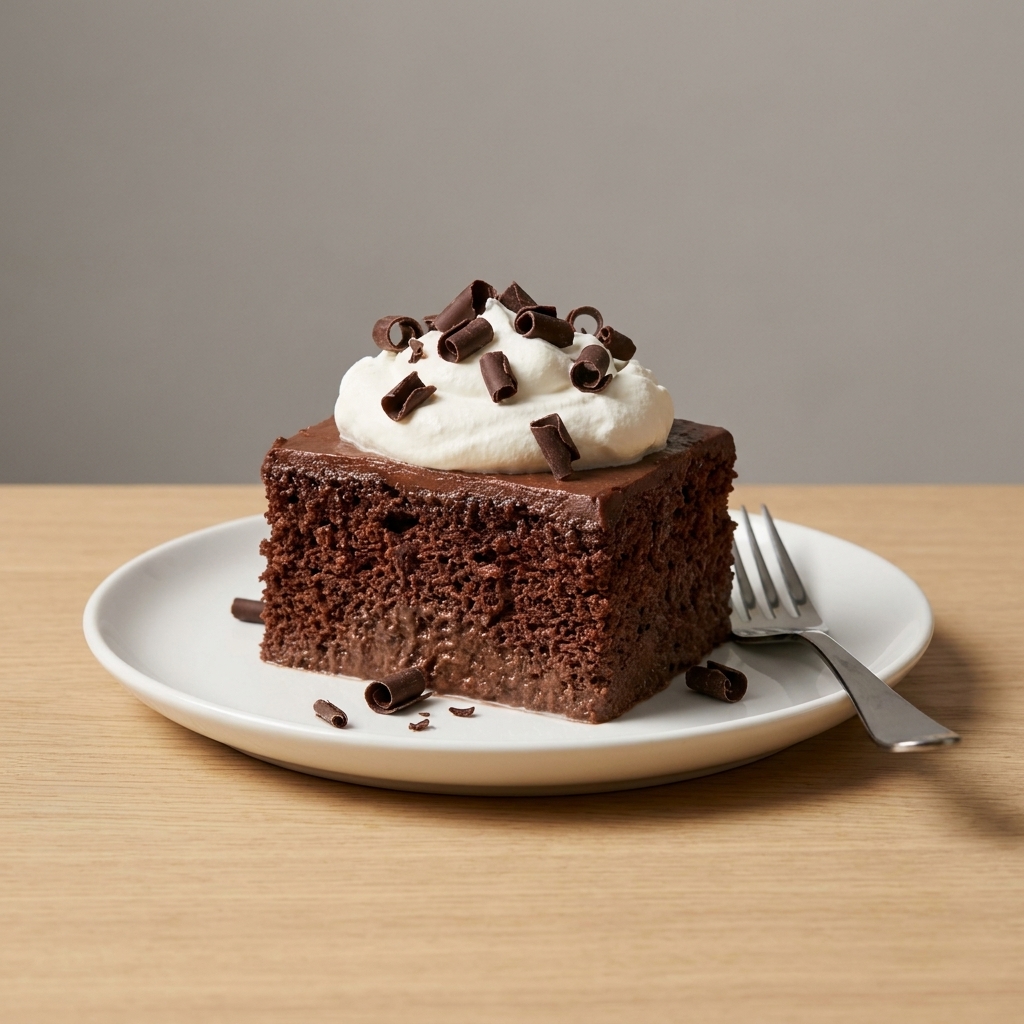 A slice of chocolate tres leches cake topped with whipped cream and chocolate curls on a dessert plate