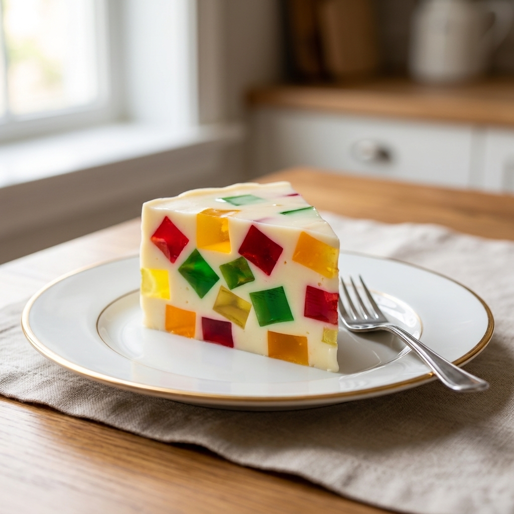 A slice of gelatina de mosaico on a dessert plate, showing colorful gelatin cubes suspended in a creamy white gelatin base