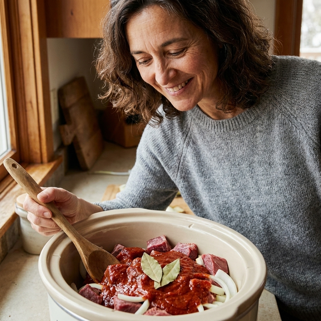 A slow cooker insert filled with beef chunks, red chile sauce, sliced onions, and bay leaves before cooking