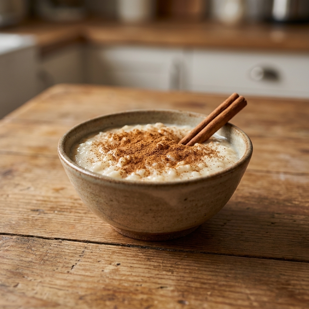 A small bowl of chilled arroz con leche topped with ground cinnamon and a cinnamon stick, set on a wooden table