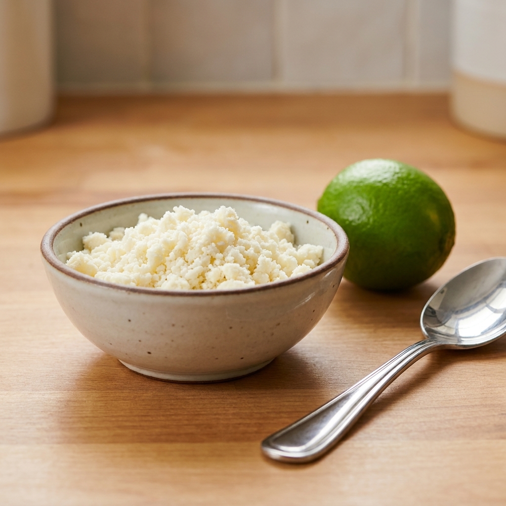A small bowl of crumbled cotija cheese on a kitchen counter with a lime and a spoon nearby