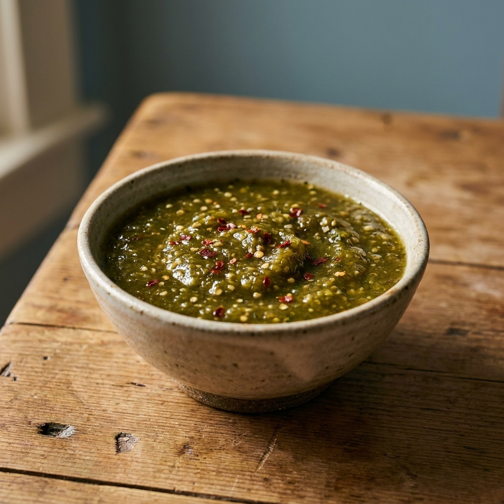 A small bowl of spicy salsa verde made with tomatillos and toasted chile de árbol, deep green with red flecks, on a rustic table