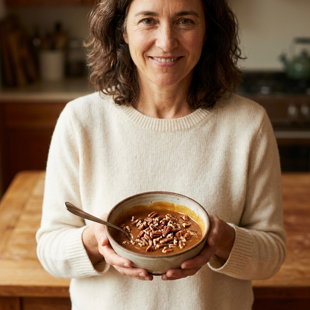 A small bowl of thick cajeta caramel mixed with chopped toasted pecans, with a spoon resting on the side