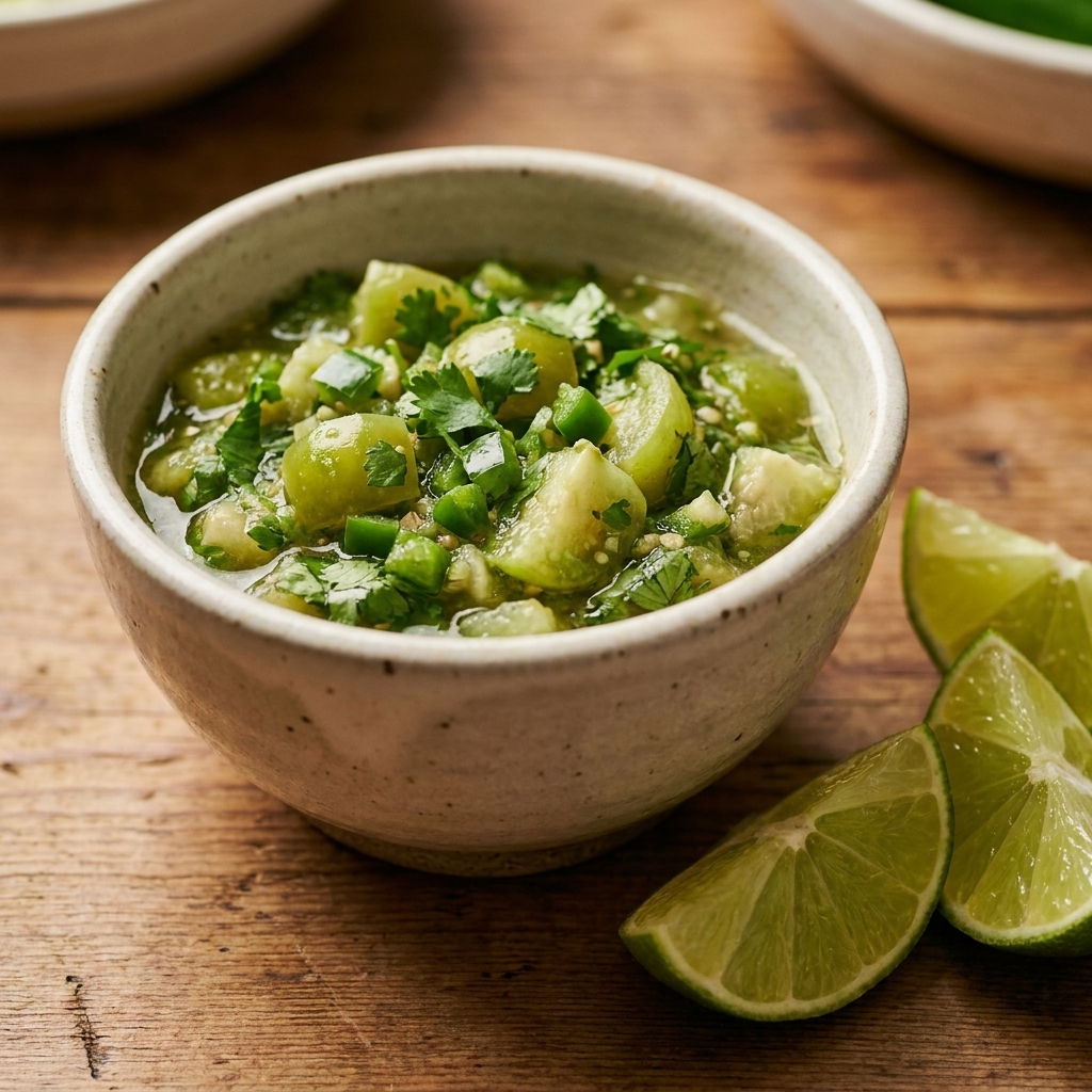 A small ceramic bowl of raw salsa verde with visible chopped tomatillo, cilantro, and serrano pieces next to lime wedges on a kitchen table