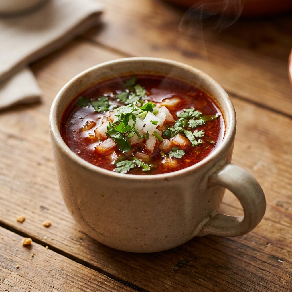 A small ceramic mug filled with deep red birria broth topped with chopped onion and cilantro on a wooden table