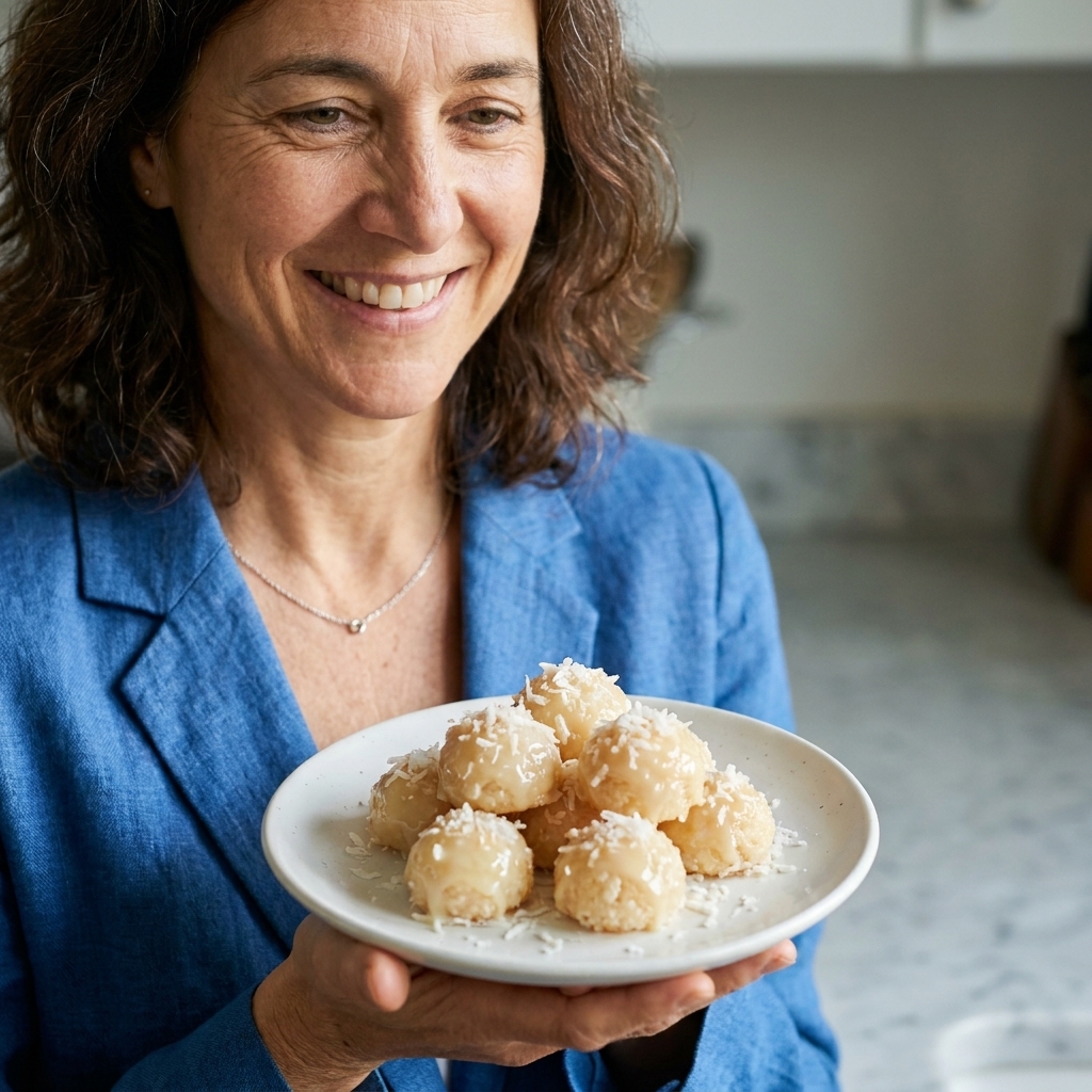 A small plate of no-bake cocada coconut bites, slightly glossy and sprinkled with a little extra shredded coconut