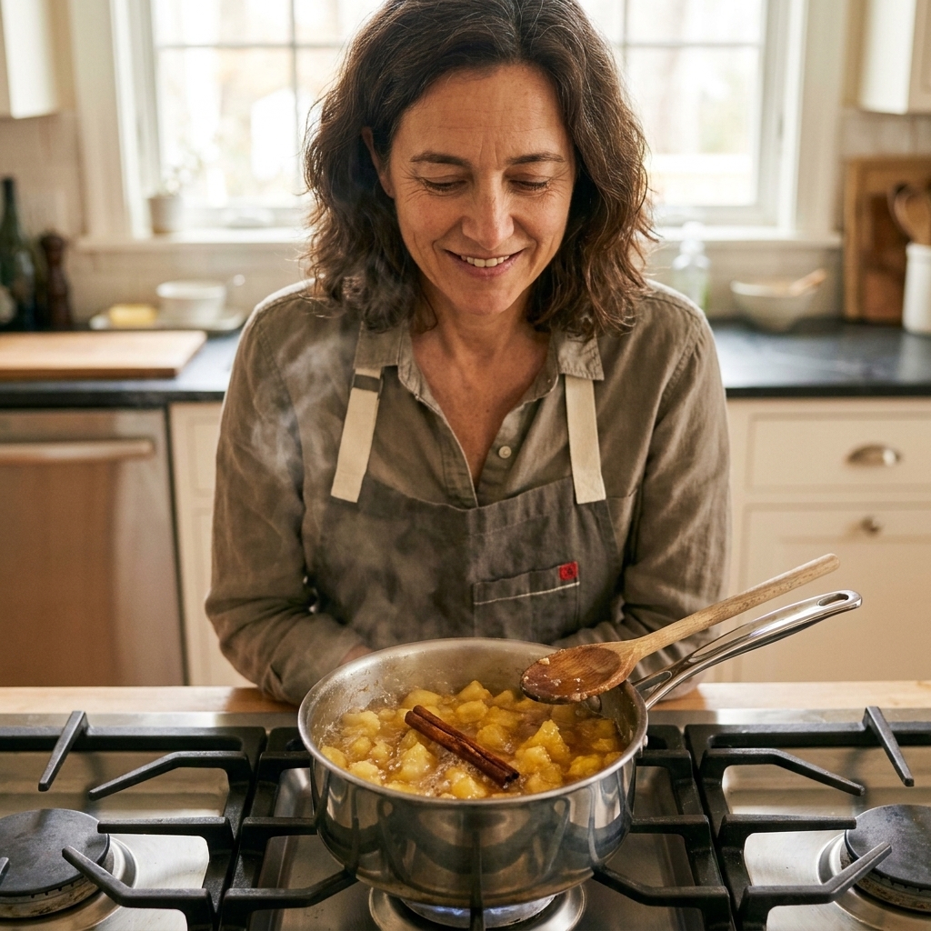 A small saucepan filled with chunky golden pineapple empanada filling, simmering with a cinnamon stick on a stovetop