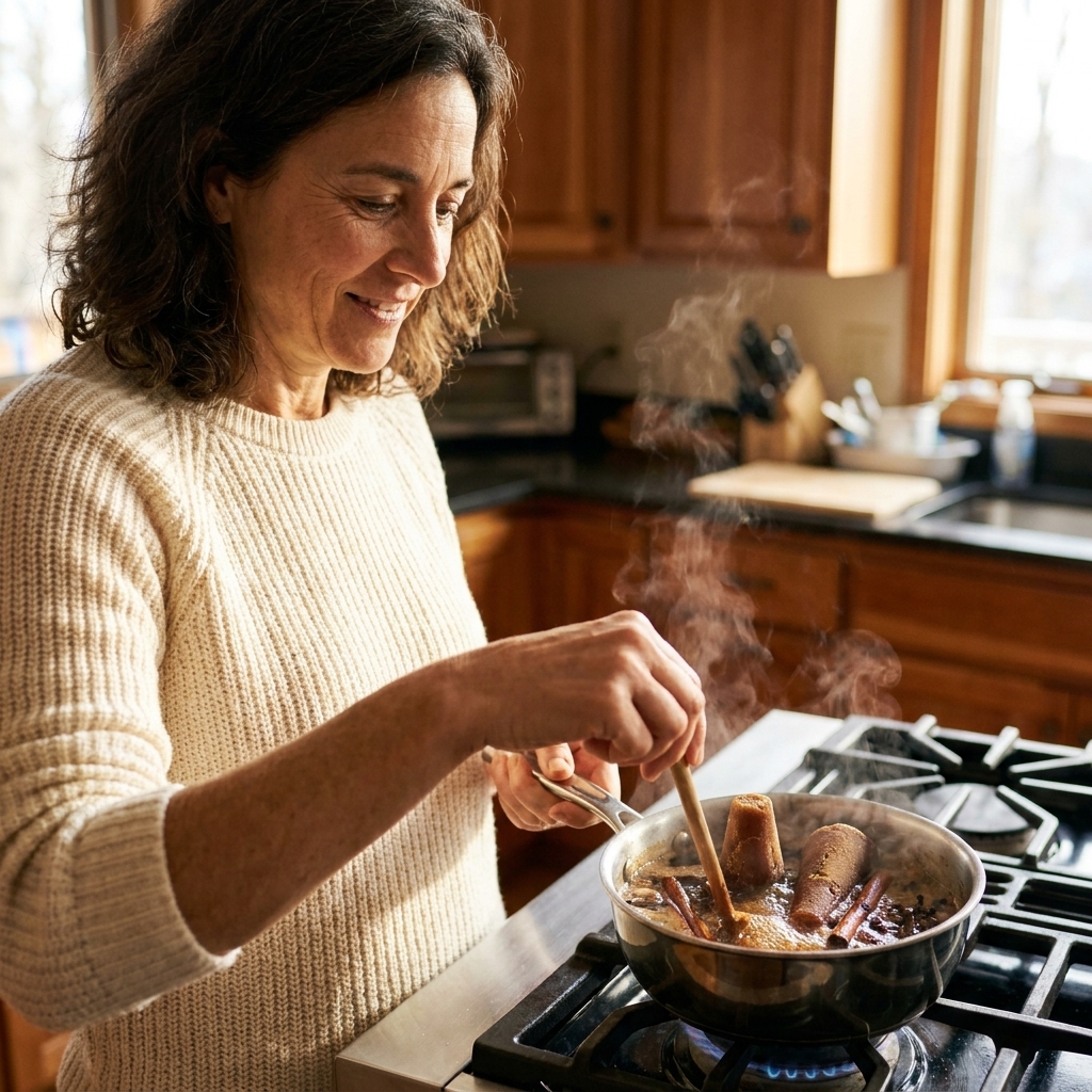 A small saucepan on a stovetop with piloncillo melting into a dark syrup alongside cinnamon sticks and whole cloves, steam rising in a cozy home kitchen