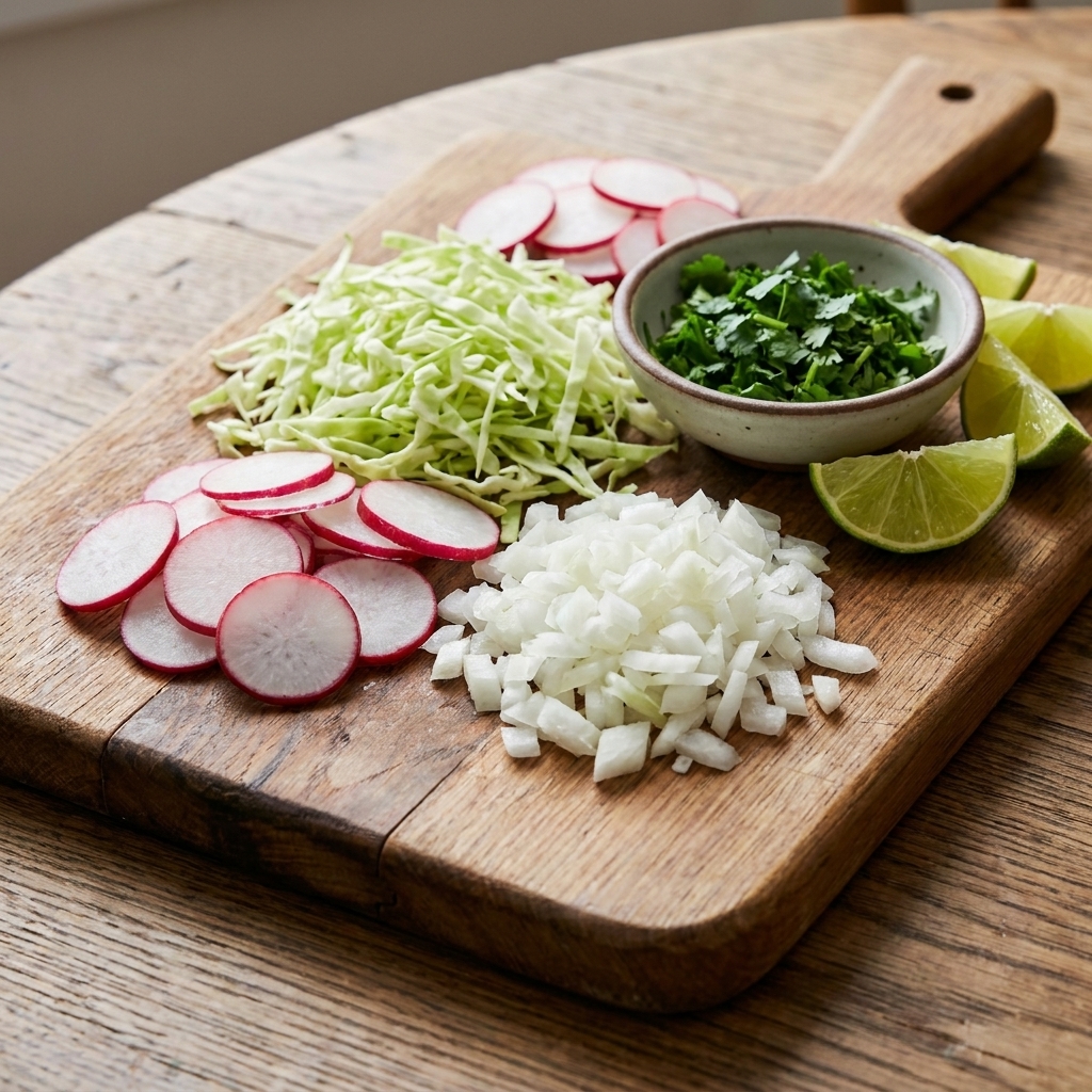 A small spread of Mexican soup toppings including sliced radishes, shredded cabbage, chopped onion, chopped cilantro, and lime wedges on a wooden board