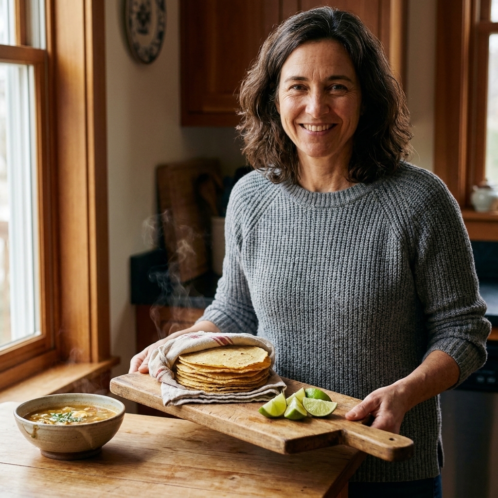 A small stack of warm corn tortillas with lime wedges on a wooden board, ready to serve alongside soup