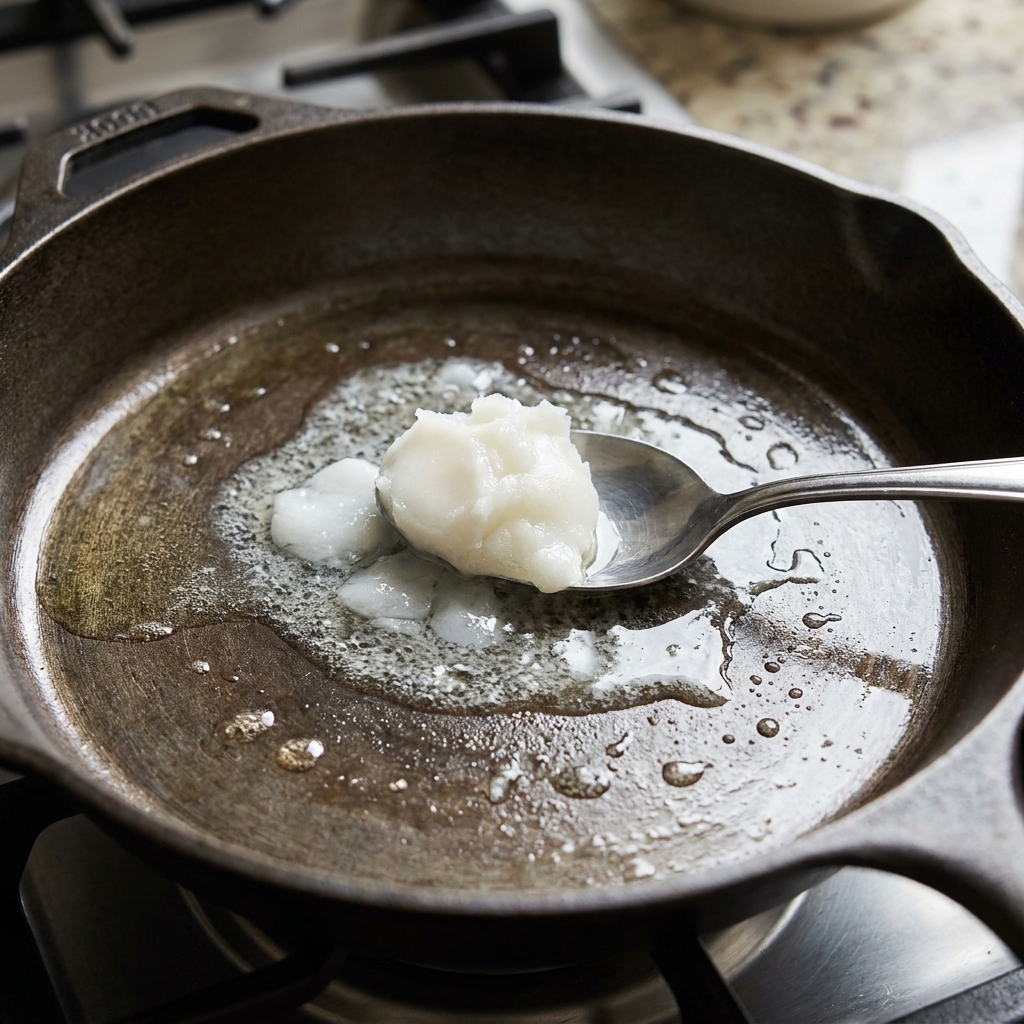 A spoonful of white lard melting in a warm skillet, beginning to turn glossy as it liquefies