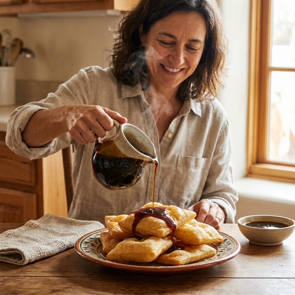 A stack of warm sopapillas on a plate with dark piloncillo syrup being poured over them