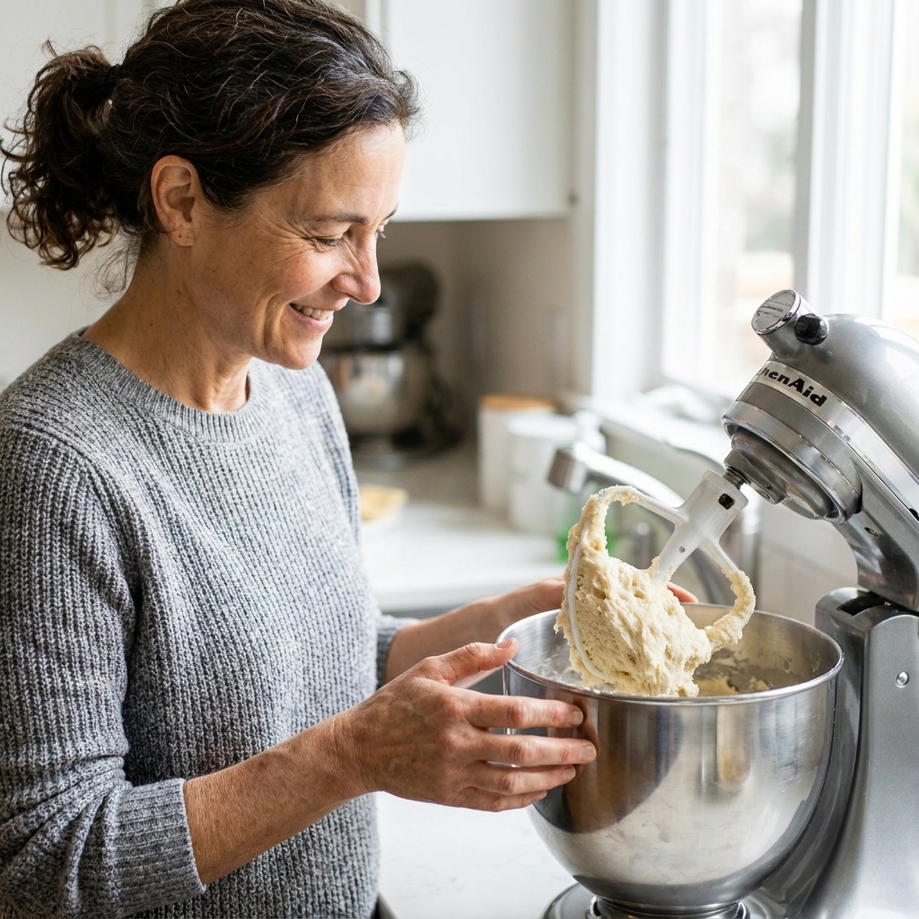 A stand mixer bowl filled with pale, fluffy tamale masa being mixed with a paddle attachment