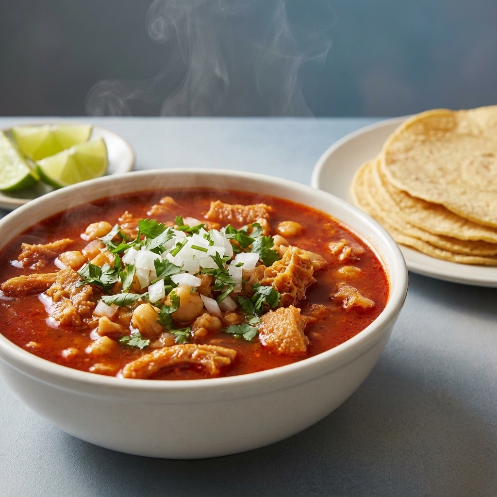 A steaming bowl of red menudo with hominy and tripe, topped with chopped onion and cilantro, with lime wedges and tortillas on the side