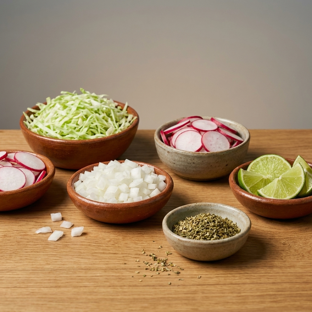 A tabletop spread of pozole toppings including shredded cabbage, sliced radishes, diced onion, dried oregano, and lime wedges in small bowls