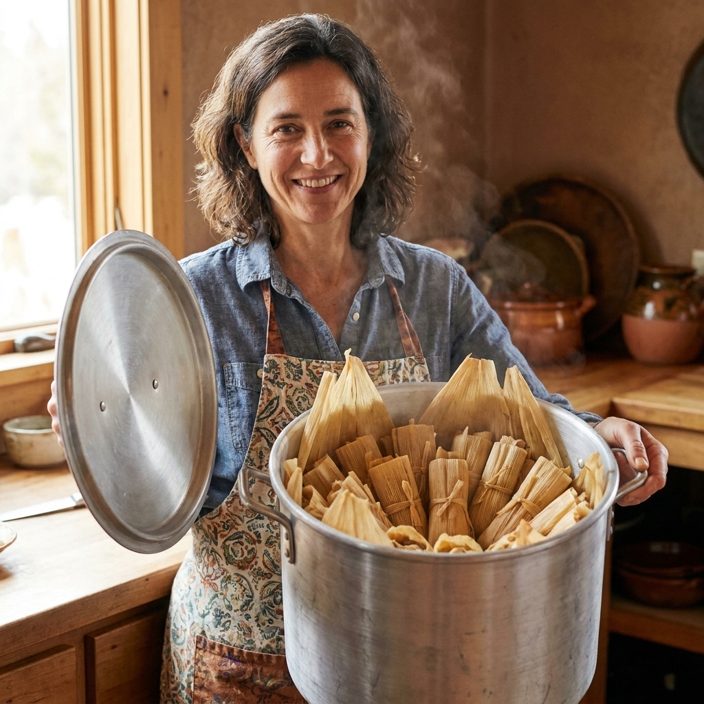 A tall tamale steamer pot with corn husks lining the rack and tamales standing upright inside