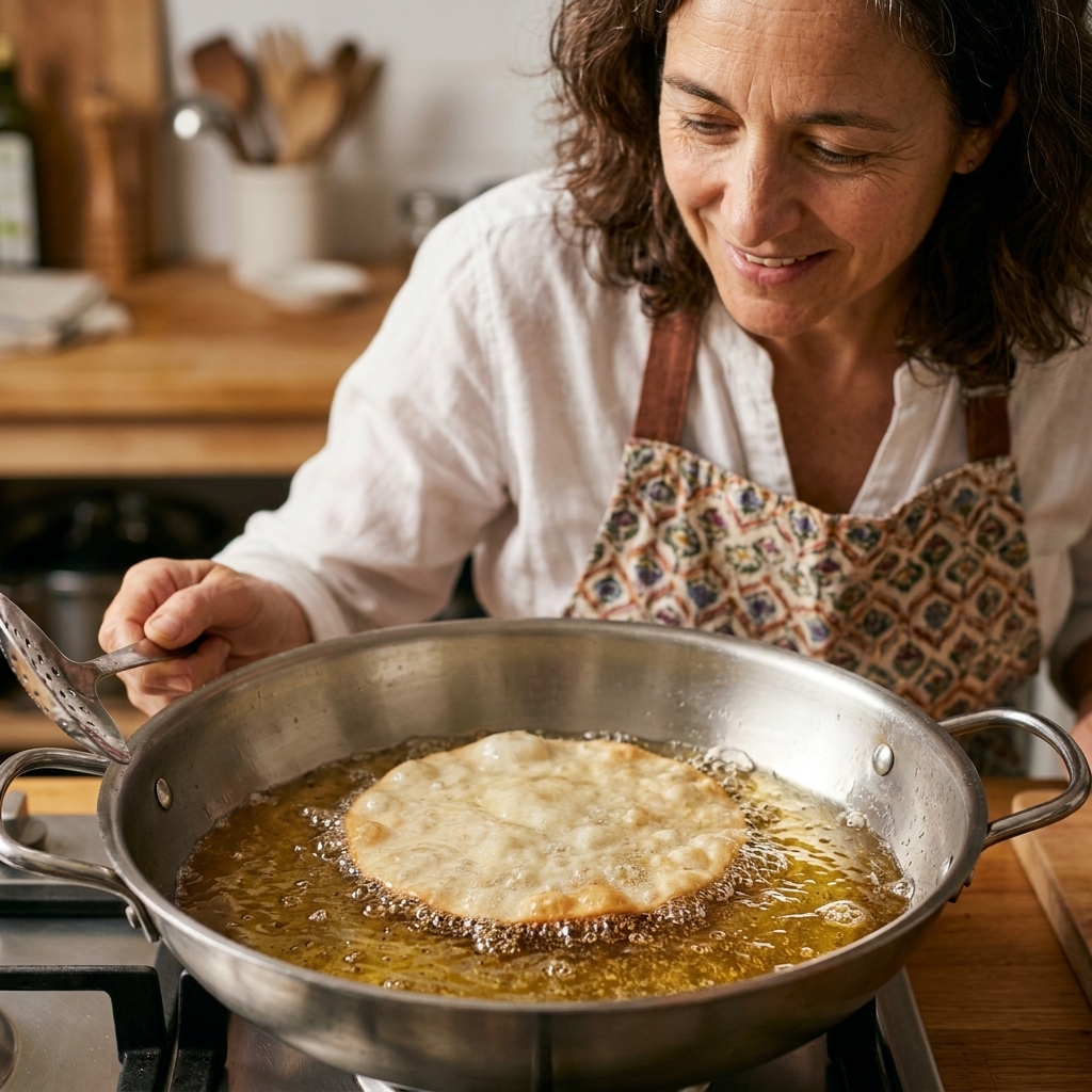 A thin round of buñuelo dough frying in hot oil in a wide pan, with bubbles rapidly forming around the edges