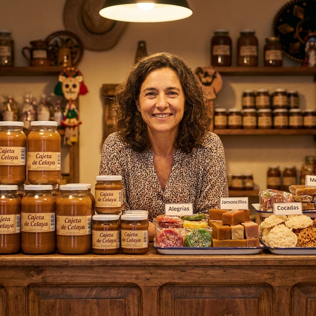 A traditional sweets shop counter in Celaya, Guanajuato, with jars of caramel-like cajeta and other candies displayed under warm indoor lighting