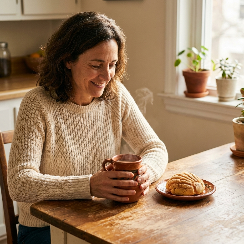 A warm concha on a small plate next to a mug of café de olla on a wooden kitchen table with morning light