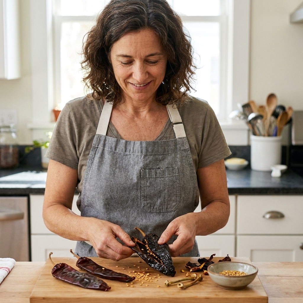 A wooden cutting board with dried guajillo and ancho chiles being seeded and destemmed in a home kitchen