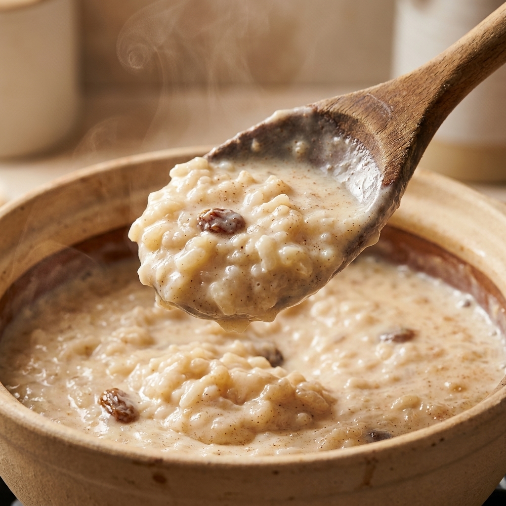 A wooden spoon lifting thick, creamy arroz con leche from a pot, showing the rich texture and tender rice grains