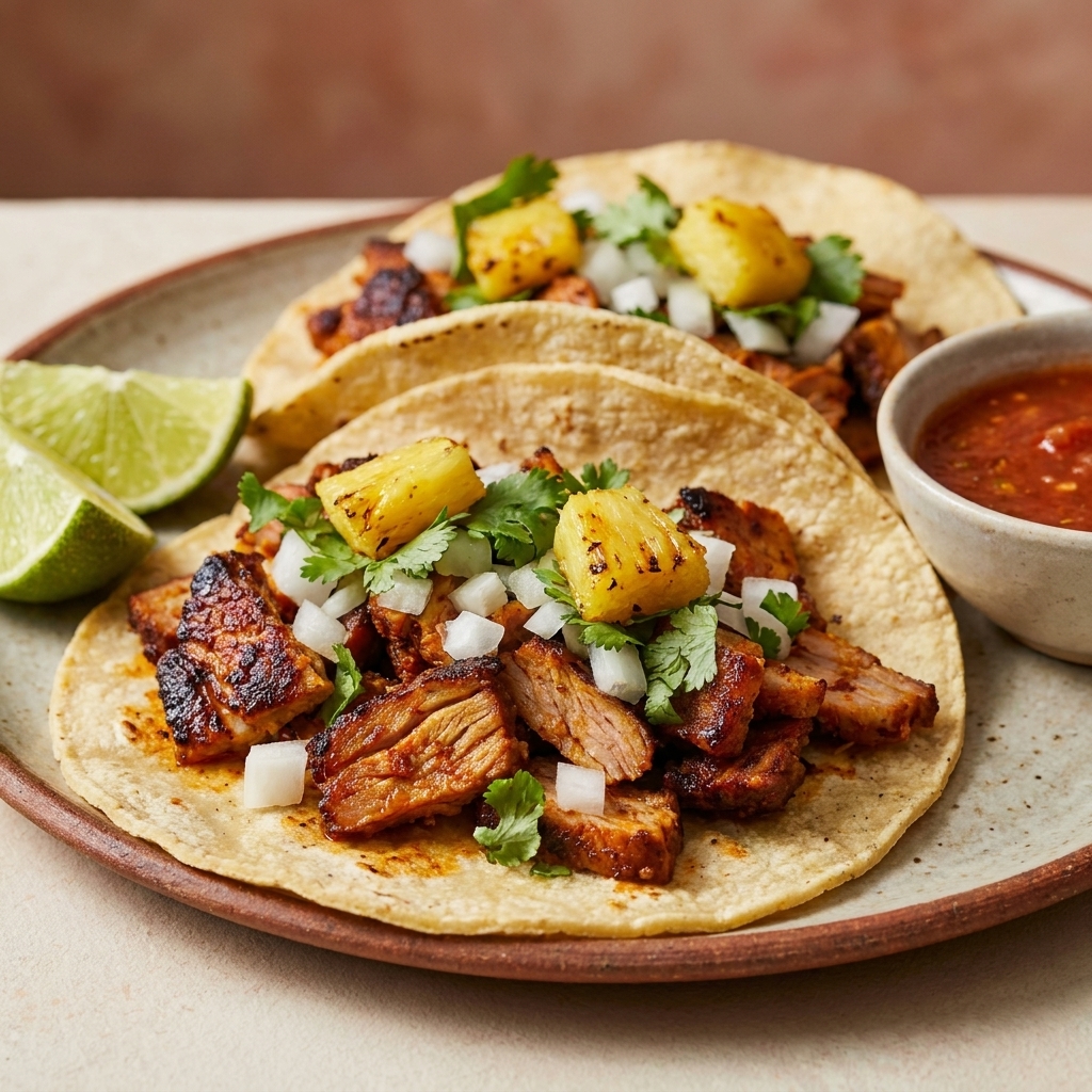 Al pastor meat with browned edges piled on corn tortillas, topped with chopped onion, cilantro, and small pieces of roasted pineapple