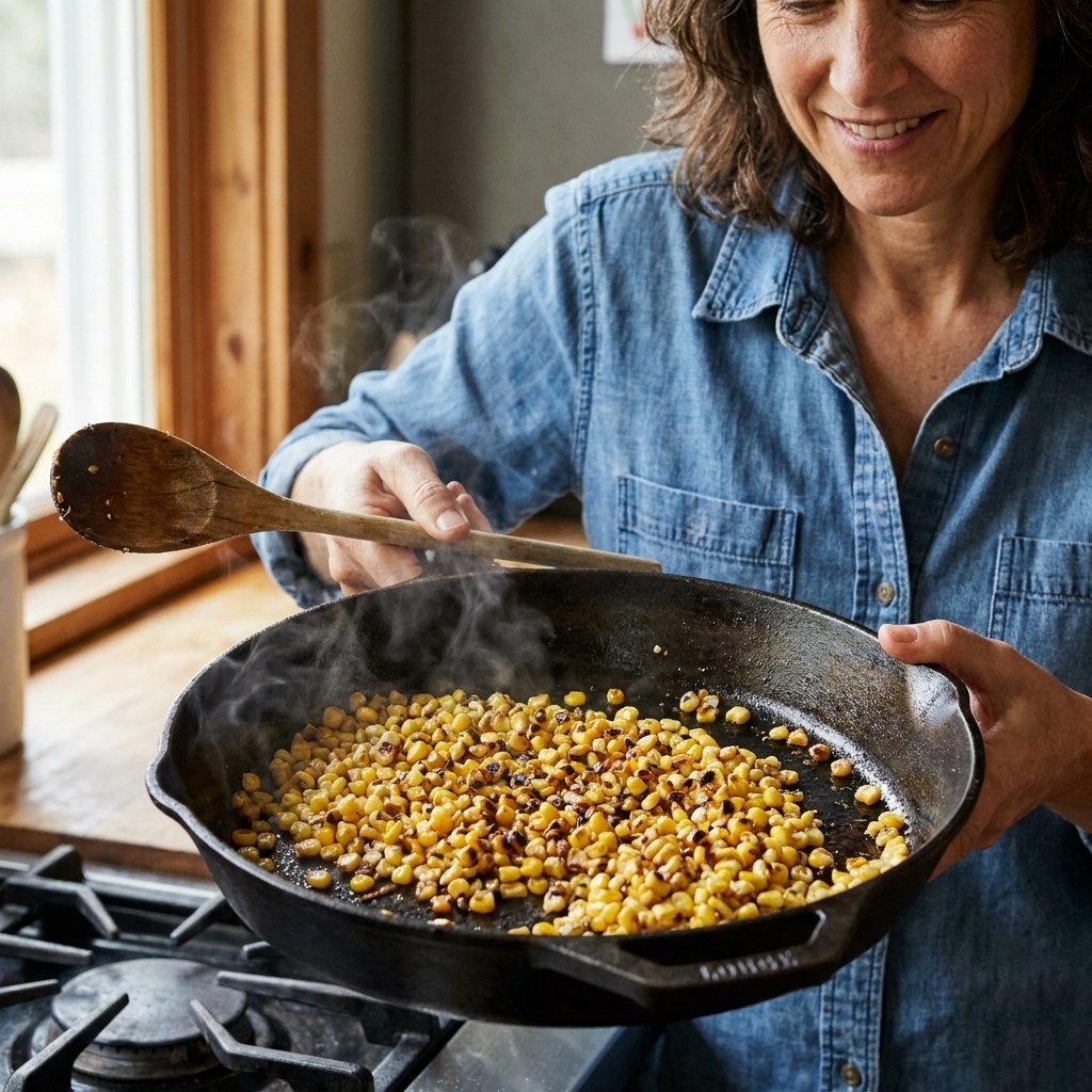 Charred corn kernels sizzling in a cast iron skillet with browned spots and a wooden spoon resting at the edge