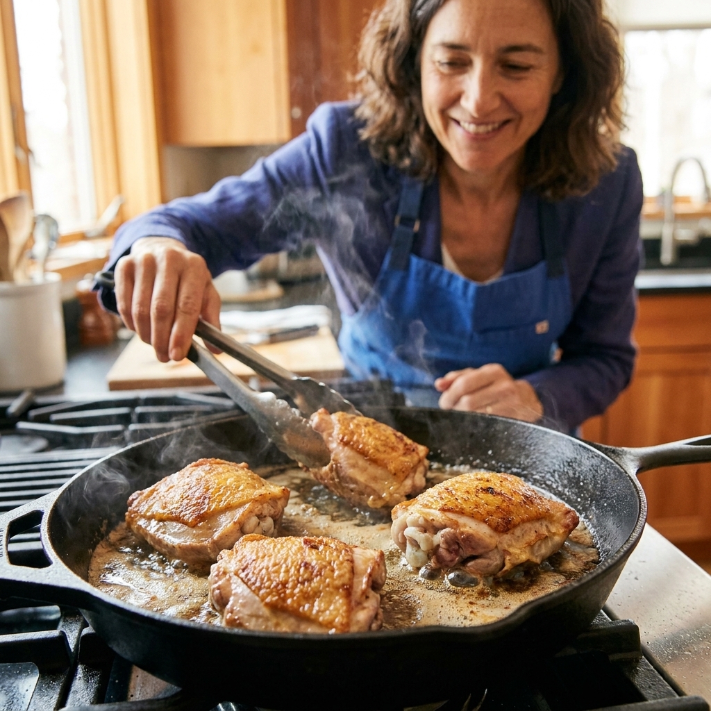 Chicken thighs browning skin-side down in a deep skillet with bubbling rendered fat and golden crisping skin