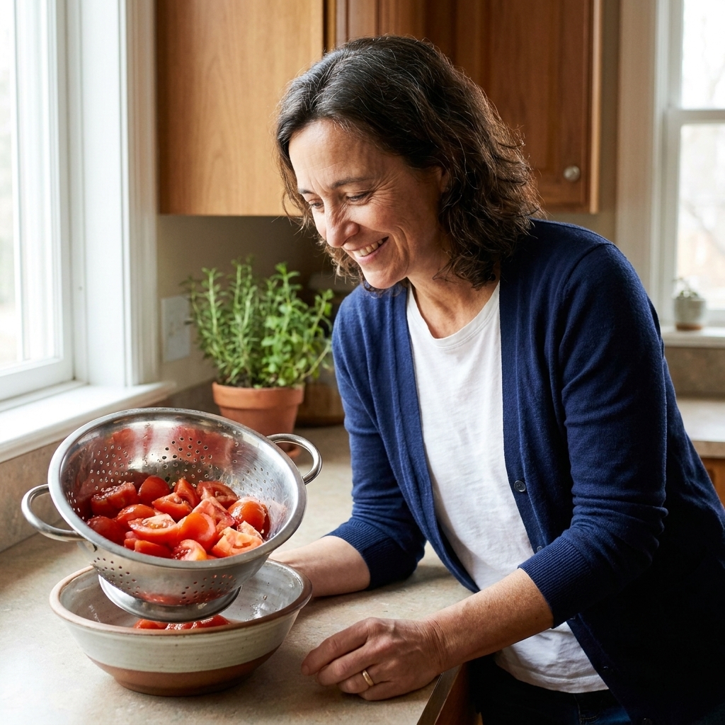 Chopped ripe tomatoes draining in a metal colander over a bowl on a kitchen counter