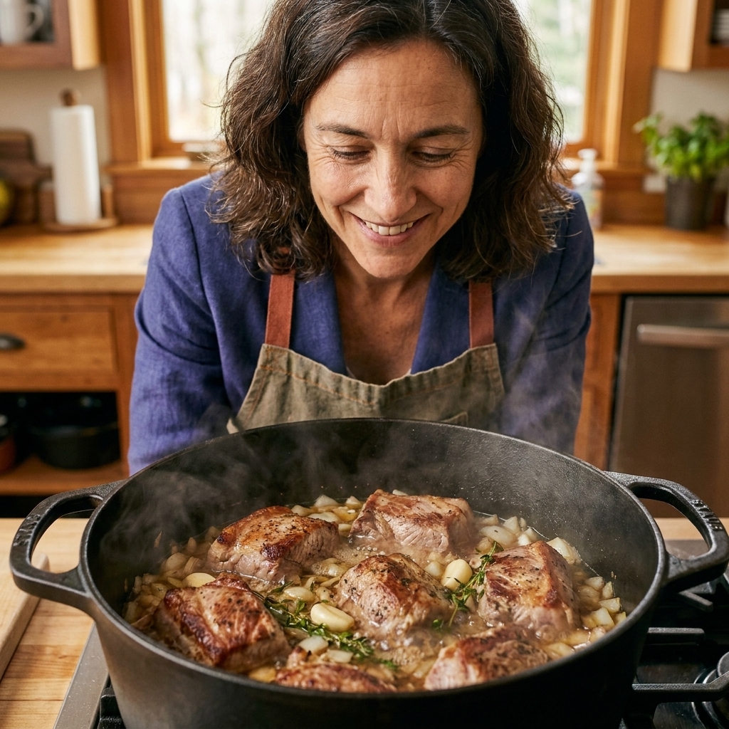 Chunks of pork shoulder simmering in a pot with onion and garlic, with steam rising