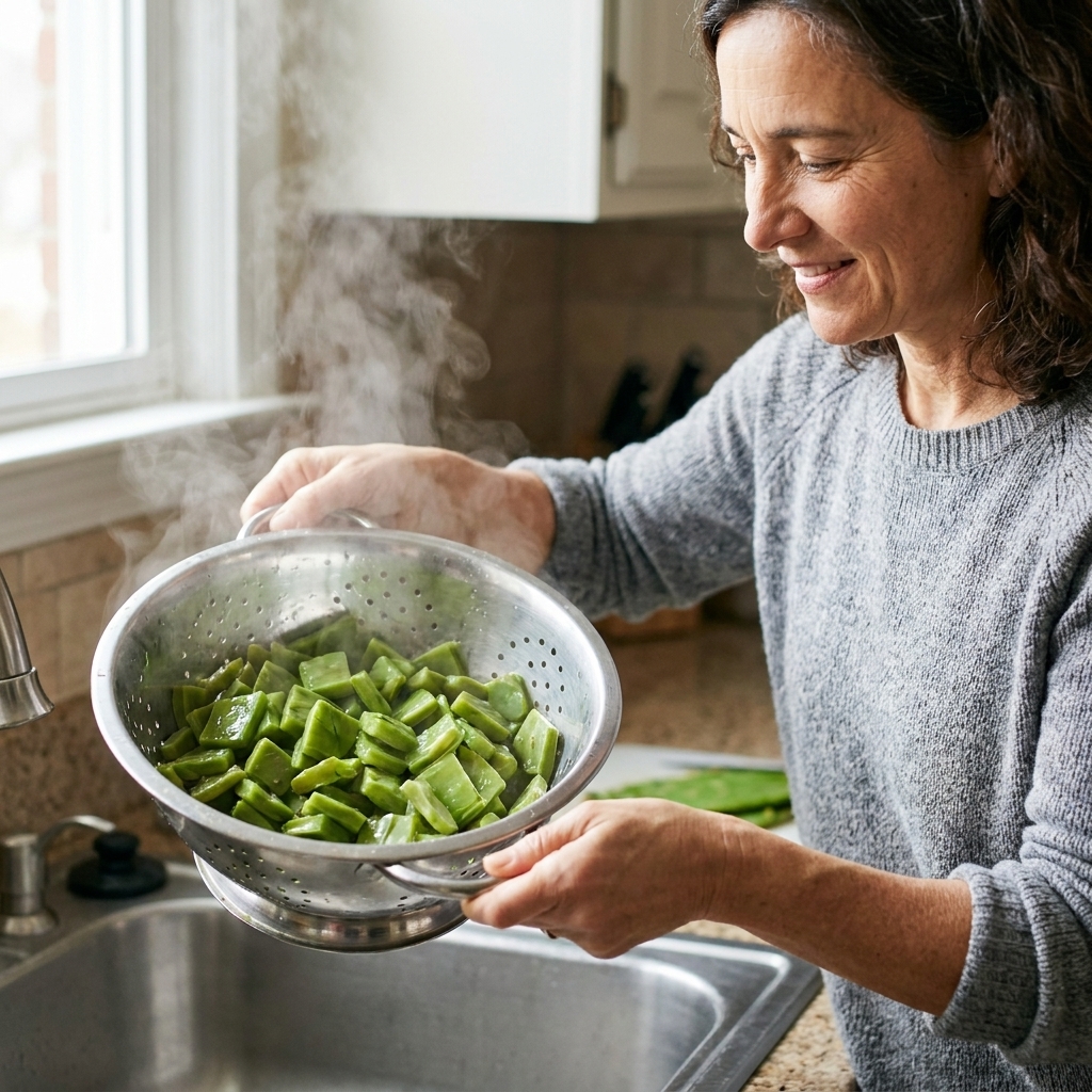 Cooked diced nopales draining in a metal colander over a sink, with steam rising and pieces looking tender and bright green