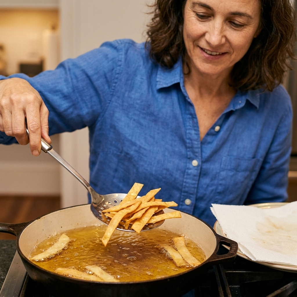 Corn tortilla strips frying in a shallow pan of hot oil until golden and crisp, with a slotted spoon lifting a batch out